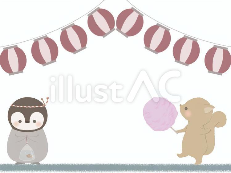 お祭り　ペンギンとリスのフレーム線なし ペンギン,リス,綿菓子のイラスト素材