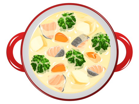 鮭のクリームシチュー（鍋）2 シチュー,スープ,料理,じゃがいも,にんじん,ブロッコリー,食べ物,冬,鮭,サーモンのイラスト素材