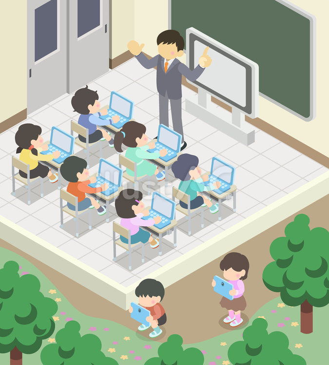 タブレット学習をしている教室のイラスト アイソメトリック,教室,小学校のイラスト素材