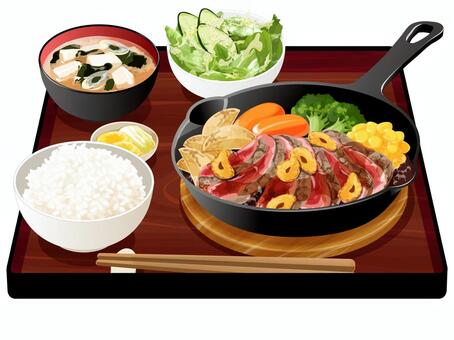 ステーキ定食2 ステーキ,定食,料理,食べ物,牛肉,フライドポテト,にんじん,ブロッコリー,コーン,サラダのイラスト素材