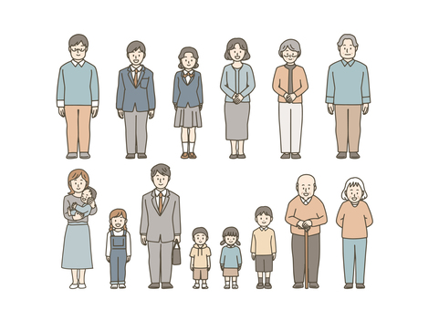 いろんな人物の全身イラストセット 人物,全身,老若男女,家族,高齢者,子供,男女,ビジネスマン,学生,制服のイラスト素材