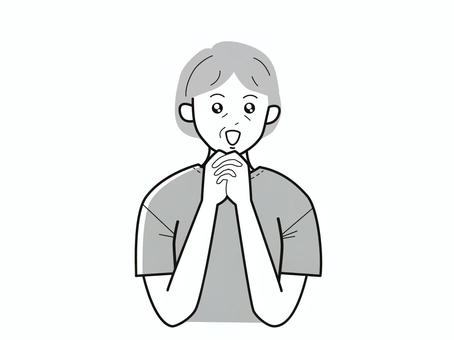 手を組んで目を潤ませるシニア女性／白黒 上半身,半袖,両手,潤ませる,キラキラ,おばあさん,老人,高齢者,シニア,高齢女性のイラスト素材