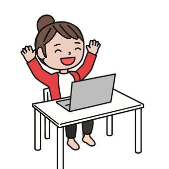 喜ぶ人 パソコン,休憩,終業,ガッツポーツ,喜び,楽しみ,リラックス,終了,主婦,女のイラスト素材
