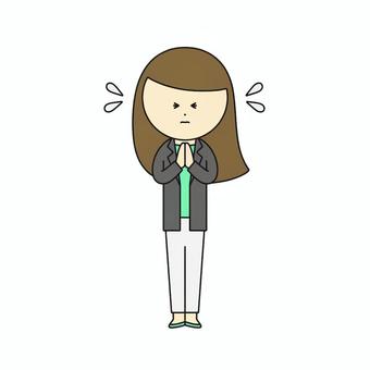 両手を合わせて頼む女性のイラスト＿合掌 女性,人物,スーツ,ビジネスウーマン,キャリアウーマン,ol,ロングヘア,合掌,お願い,頼むのイラスト素材