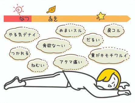夏バテからの秋バテでダウンしている女性 夏バテ,秋バテ,体調,崩す,女性,悪い,具合,ダウン,寝る,うつ伏せのイラスト素材