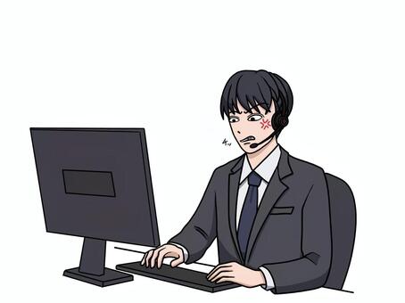 怒っているコールセンターのスーツ男性 怒る,イライラ,舌打ち,コールセンター,スーツ,男性,クレーム,パソコン,ヘッドセット,ビジネスのイラスト素材