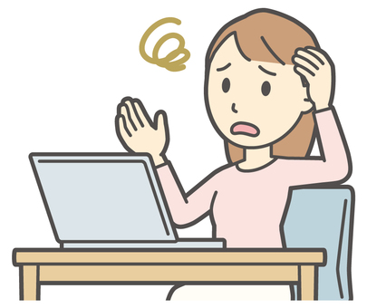 ノートパソコンを使って困る若い女性 パソコン,困った,女性,女の子,人物,かわいい,悩む,考える,心配,不安のイラスト素材