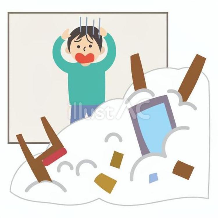 雪崩で外壁が壊れて家財が破損して頭を抱える男性 住宅,トラブル,雪のイラスト素材