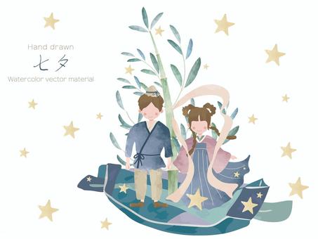 笹船に乗った織姫と彦星（水彩タッチ） 七夕,織姫,彦星,牽牛,星,夜,笹船,夏,行事,７月７日のイラスト素材