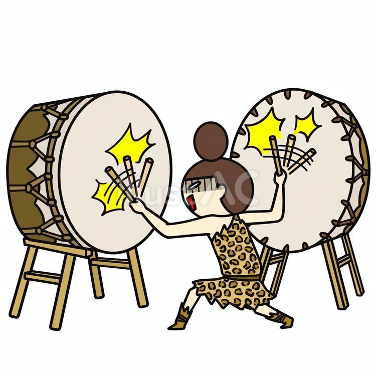 太鼓をたたく原始人のおだんごの女性 原始人,気合い,原始時代のイラスト素材