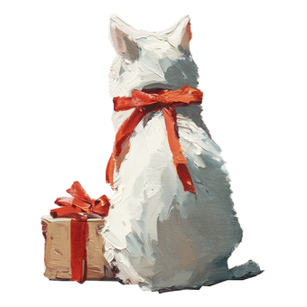 クリスマスプレゼントと白猫の後ろ姿 クリスマス,猫,後ろ姿,背中,厚塗り,油絵風,手描き,プレゼント,かわいい,動物のイラスト素材