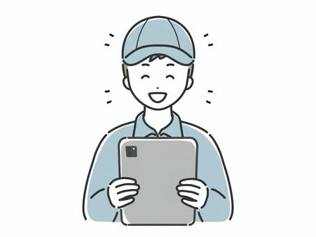 笑顔でタブレットを見る作業服の男性 男性,人物,若い,大人,タブレット,作業着,作業員,製造業,製造スタッフ,清掃員のイラスト素材