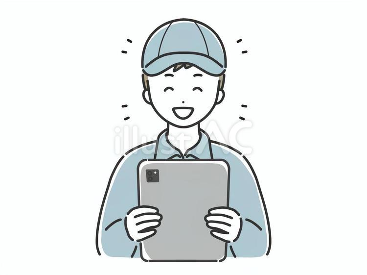 笑顔でタブレットを見る作業服の男性 男性,人物,若いのイラスト素材