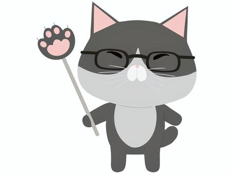 指し棒を持ったはちわれ猫 指し棒,猫,はちわれ,動物,かわいい,解説,説明,案内,めがねのイラスト素材