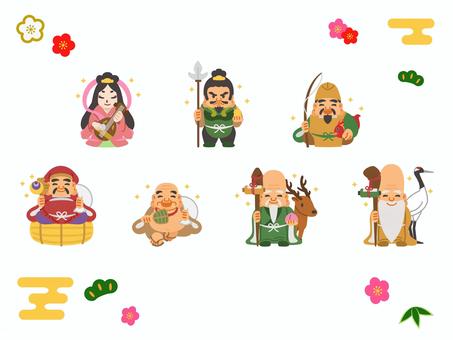 七福神セット 大黒天,恵比寿,毘沙門天,弁財天,福禄寿,寿老人,布袋尊,七福神,神様,セットのイラスト素材