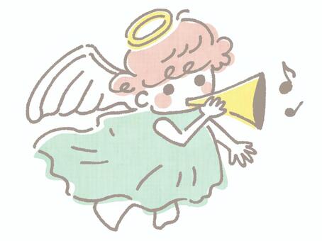 ラッパを吹く天使 天使,エンジェル,輪っか,天使の輪,羽根,飛ぶ,ラッパ,吹く,音楽,音符のイラスト素材