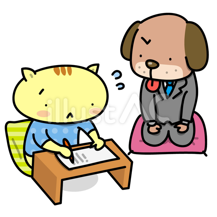 スーツ姿ではたらくわんことねこ先生 原稿用紙,原稿,ねこのイラスト素材