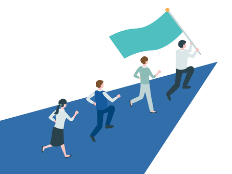 旗を掲げて走るリーダーと仲間 人物,会社員,サラリーマン,キャリアウーマン,ビジネスマン,ビジネスウーマン,走る,チーム,全身,前進のイラスト素材