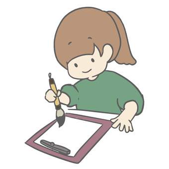 習字をする女の子 女の子,人物,かわいい,ワンポイント,習字,習い事,書き初めのイラスト素材