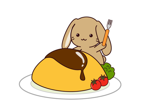 オムライスを食べる垂れ耳うさぎさん オムライス,うさぎ,垂れ耳,ロップイヤー,デミグラスソース,オムレツ,トマト,ブロッコリー,卵料理,洋食のイラスト素材