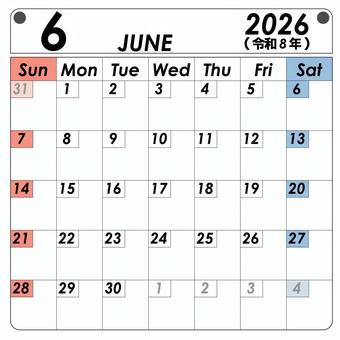 2026年6月　カレンダー カレンダー,2026年,6月,スケジュール,予定表,シンプル,英語のイラスト素材