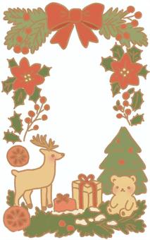 ローズと動物のクリスマスフレーム クリスマス,クリスマスローズ,フレーム,お祝い,グリーティング,カード,リボン,南天,柊,オレンジのイラスト素材