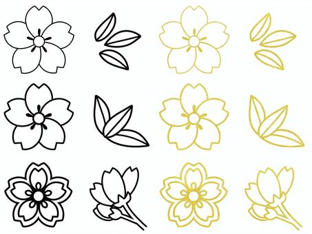和風の桜セット・着物の柄・線画 桜,花,葉,植物,はな,ワンポイント,飾り,装飾,花言葉,イラストのイラスト素材
