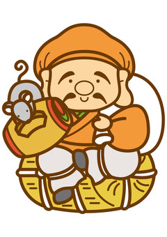 大黒天-4c 大黒天,七福神,神様,打ち出の小槌,米俵,袋,帽子,ネズミ,ヒゲ,笑顔のイラスト素材