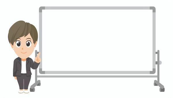 白板傍で指さす若いビジネス女性のSD② 先生,教師,教員,指導員,スーツ,ビジネス,会社,社会人,指を指す,指差しのイラスト素材