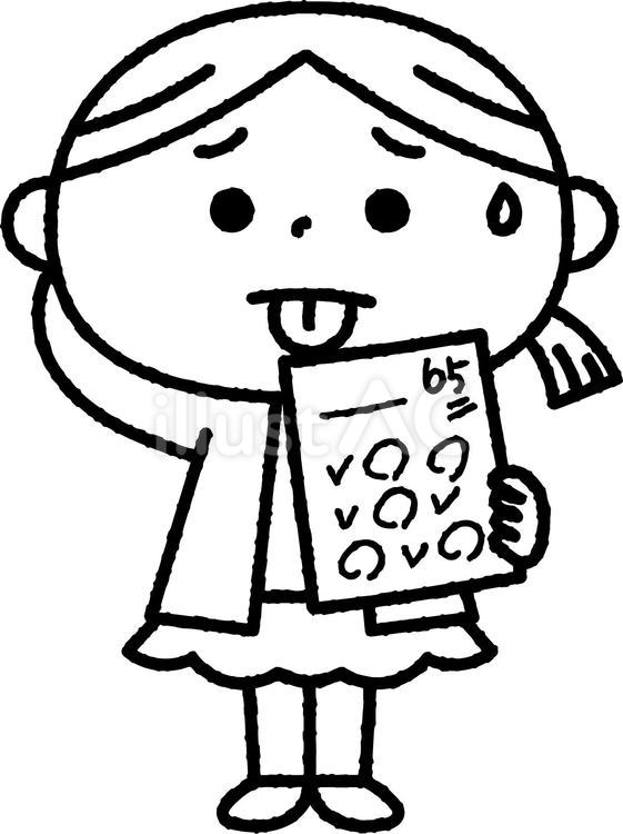 テストで微妙な点数をとった女の子モノクロ 人物,女の子,子供のイラスト素材