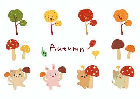 秋セット 秋セット 秋,味覚,木,紅葉,動物,うさぎ,猫,くま,キノコ,可愛いのイラスト素材