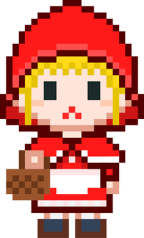 ドット絵の赤ずきんの女の子です。 ドット絵,赤ずきん,シンプル,童話,森,バスケット,花,道,ワンピース,フードのイラスト素材