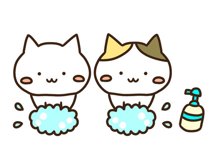 友達と手洗いし感染予防するかわいい猫達 手洗い,石鹸,感染,風邪,予防,医療,衛生,清潔,習慣,生活のイラスト素材