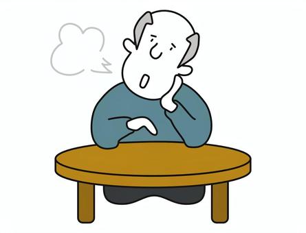 ちゃぶ台でため息をつく高齢男性-色付き 高齢者,男性,ため息,ちゃぶ台,テーブル,肘,付く,頬杖,憂鬱,悩みのイラスト素材