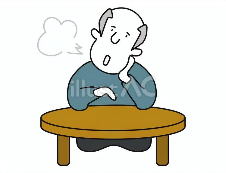 ちゃぶ台でため息をつく高齢男性-色付き 高齢者,男性,ため息のイラスト素材
