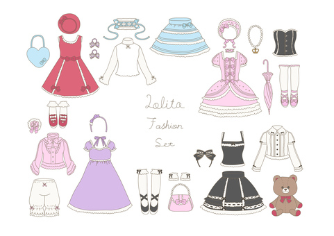 ロリィタセット(カラー) ロリィタ,甘ロリ,ゴスロリ,ヘッドドレス,カチューシャ,ヘアゴム,ボンネット,ベレー帽,リボン,コサージュのイラスト素材