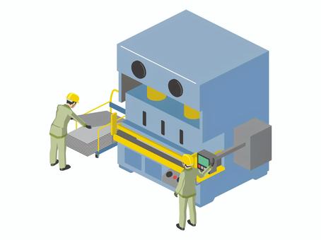 プレス機と作業員B（カラー） プレス機,作業員,プレス,工員,製品,鍛圧,板金,成形,機械,設備のイラスト素材