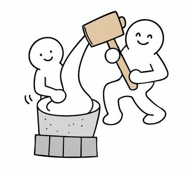 餅つきをする棒人間 もちつき,臼,杵,笑顔,棒人間,線画,キャラクター,手描き,手書き,イラストのイラスト素材