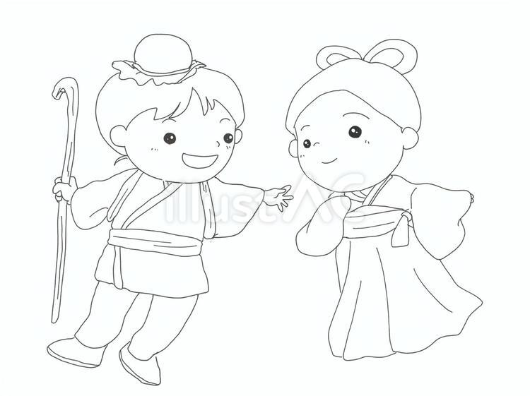 七夕（織姫と彦星） 手書き,モノクロ,織姫のイラスト素材