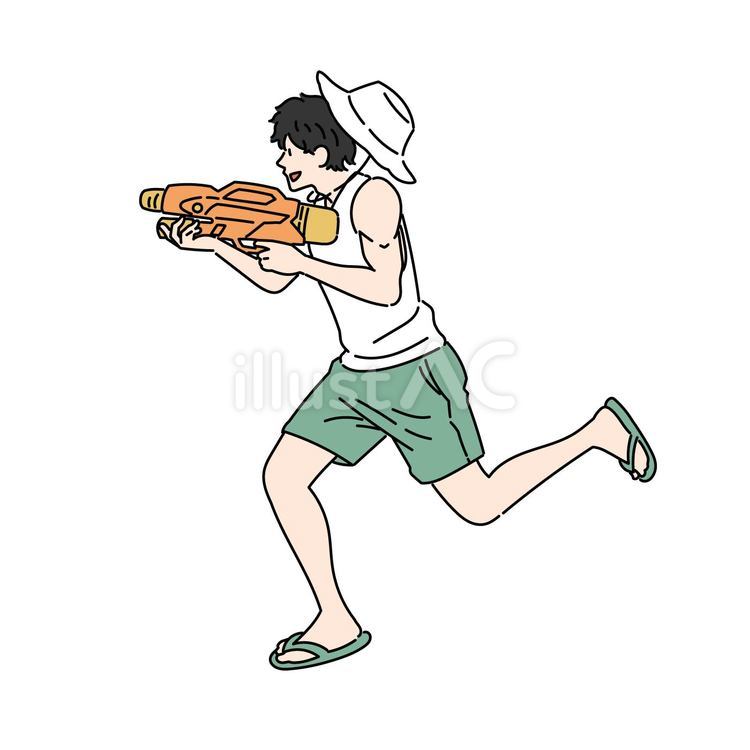 水鉄砲を構えながら走る男性 男性,水鉄砲,夏のイラスト素材
