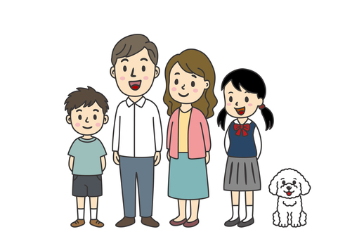 4人家族-2-若夫婦・姉弟・犬 4人家族,パパ,ママ,子供,息子,娘,弟,若夫婦,育児,犬のイラスト素材