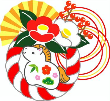 午と椿のしめ縄飾り 干支,午,2026,上向き,にっこり,お正月,新年,椿,紅白,万両のイラスト素材