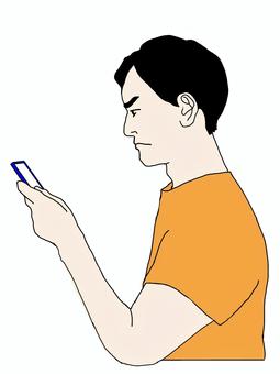 スマホを見て怒る男性 人物,男性,横顔,スマホ,怒る,ショートヘアのイラスト素材