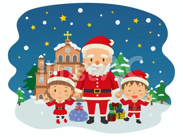 クリスマス／サンタ／こども／教会／挿絵 クリスマス,サンタ,こどものイラスト素材