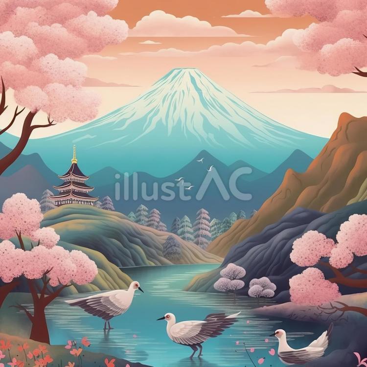 【富士山と桜4】:AI生成 富士山,日本,山のイラスト素材