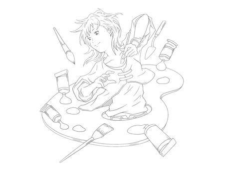 画材と女性のアーティスト(モノクロ)