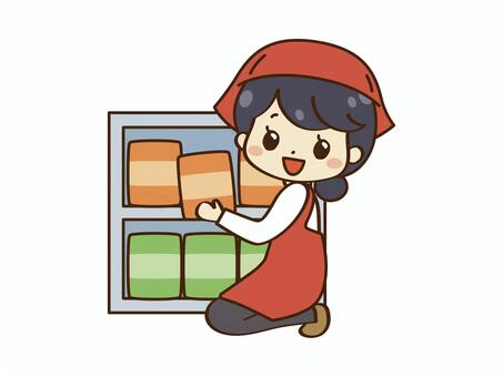 品出しする店員 品出し,店員,スーパー,主婦,パート,笑顔,バイト,食料品売り場,制服のイラスト素材