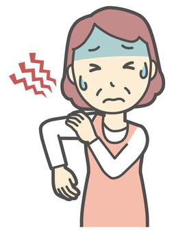  肩が痛くて苦しんでいるおばさん 肩こり,女性,人,主婦,中年,シニア,エプロン,ママ,お母さん,おかんのイラスト素材