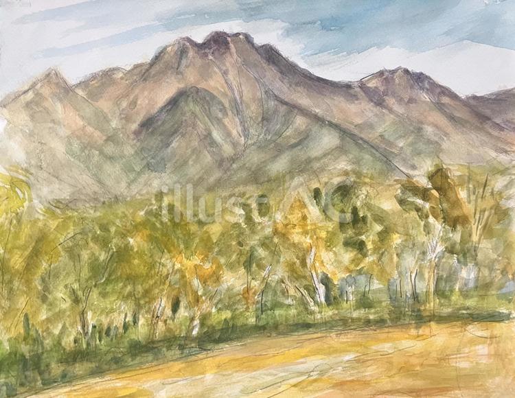 黄金色の木々と山の風景 水彩画,水彩,風景のイラスト素材
