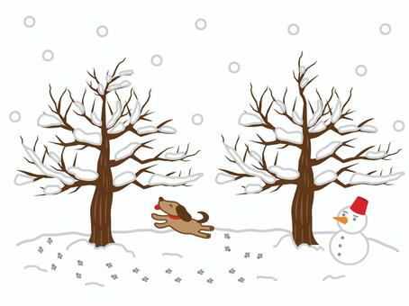 冬の枯れ木と喜ぶ犬 雪,冬,犬,足跡,喜ぶ,走る,枯れ木,雪だるま,かわいいのイラスト素材